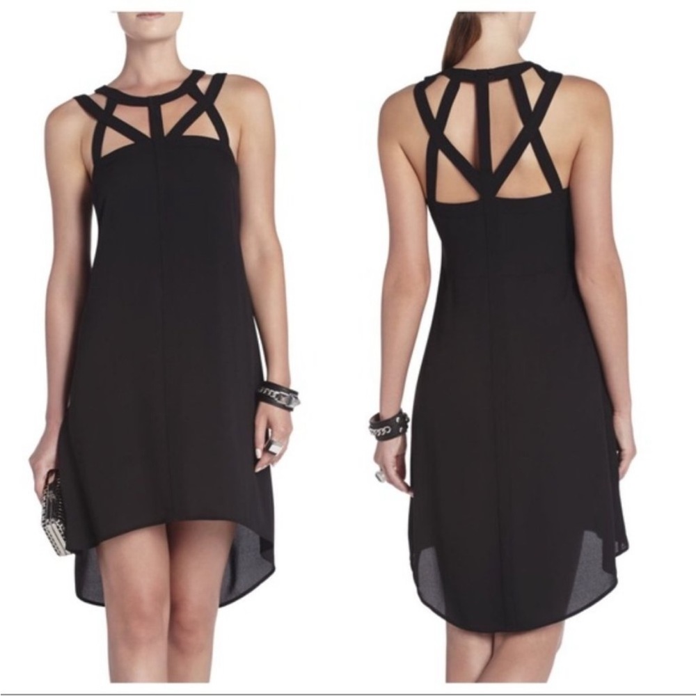 BCBGMaxAzria Cutout Neck Harness Collar High Low Slip Dress in Black